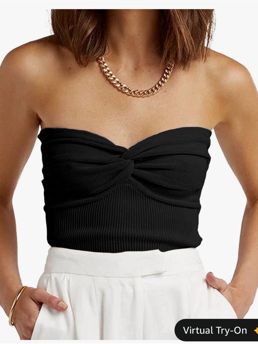 Strapless Twist Front Ribbed Crop Top - Black
